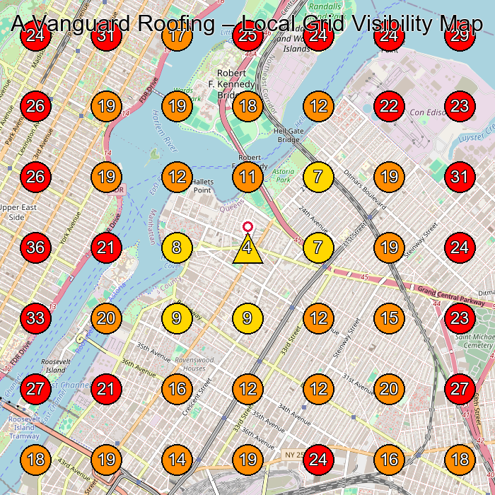 A Vanguard Roofing GeoGrid visibility map for Roofing Contractor in Long Island City